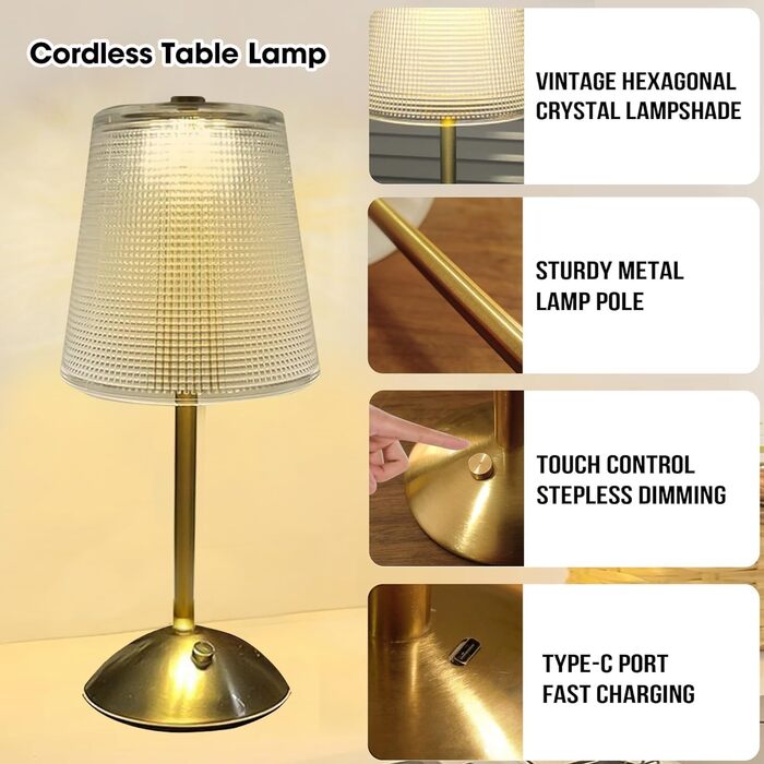 Настільна лампа Starnearby бездротова LED акумуляторна, золота. Лампа нічна з димером та сенсорним керуванням для спальні, ресторану, офісу