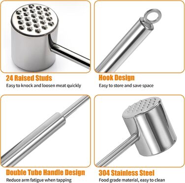 Молоток для м'яса з нержавіючої сталі 304 з гачком, двосторонній багатофункціональний відбійник для стейків, курки та свинини, 22 см, сріблястий