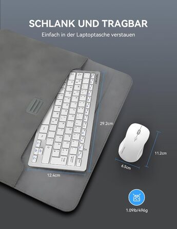 Бездротова клавіатура та миша TECKNET QWERTZ, 2.4 GHz, 15м, тиха, для ПК, ноутбука, Smart TV, білий/сріблястий