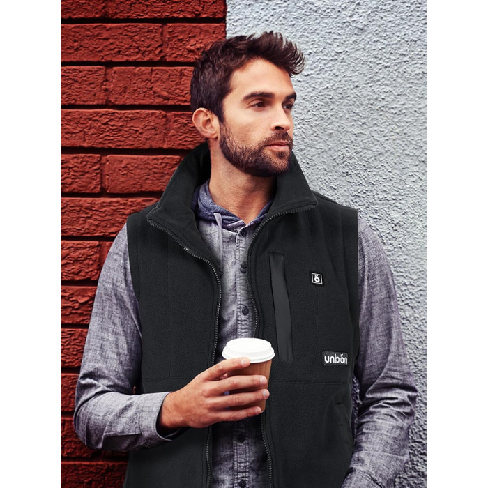 UNBON Грівальна жилетка для чоловіків, флісова жилетка з підігрівом, Powerbank 10000mAh, USB, 3 режими нагріву, 6 зон нагріву, чорний