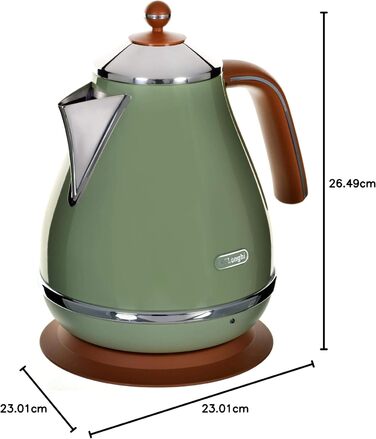 De'Longhi Icona Vintage KBOV2001.GR Kettle - 1.7 l with water level indicator and 360° base, Stainless steel in an elegant retro look with chrome details, 2000 W, 23.01 x 23.01 x 26.49 cm, Olive Olive Single