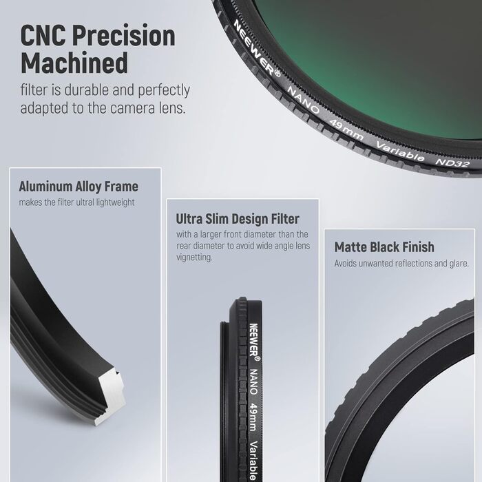 NEEWER Змінний ND-фільтр ND2-ND32 (1-5 ступенів затемнення) для камери, 49mm, з оптичного HD скла, водонепроникний, антибліковий