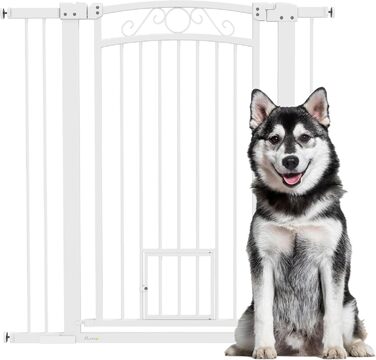 Бар'єр для собак PawHut - регульований, 76-104 см, білий. Безпечне огорожа з двома розширеннями, подвійний замок та маленькі дверцята для сходів та дверей.