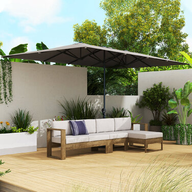 Сонцезахисний парасоль з ручним підйомом Outsunny 451 x 264 см, сонцезахист UV 50+, стійкий до вітру садовий парасоль, парасоль для балкона, парасоль для ринку, захист від сонця для балкона, тераси, саду, темно-сірий | Aosom