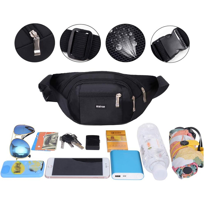 Водонепроникна поясна сумка на пояс, сумка на стегно для жінок та чоловіків, 3 кишені на блискавці, для піших прогулянок, відпочинку на природі, спорту, подорожей, чорна