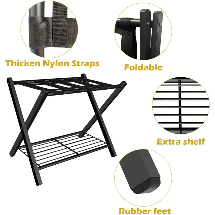 mocomax 1 Pack Folding Luggage Rack for Guest Rooms, Folding Suitcase Stand with Metal Shelf for Bedrooms, Living Rooms, Hotel Essentials, Robust Steel Frame, Black