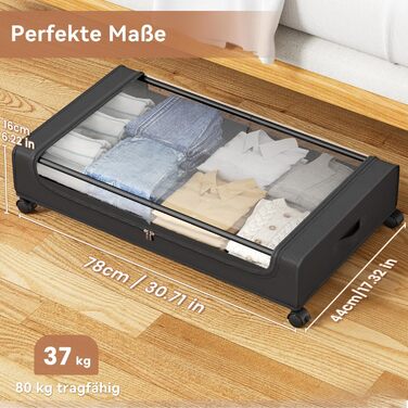 Коробки для зберігання під ліжко PHINOX з колесами, 2 шт (74x42x16 см) - місткі контейнери для одягу, взуття, іграшок з прозорою кришкою