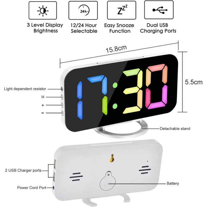 Цифровий годинник SZELAM з LED-дзеркалом 7 дюймів, 2 USB-порти, функція відкладання, автоматичне регулювання яскравості, для дому (білий)