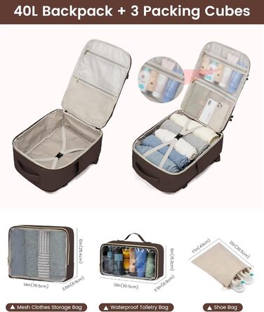 LOVEVOOK Рюкзак для ручної поклажі, 40L, рюкзак для жінок, водонепроникний, відділення для ноутбука 17 дюймів, для подорожей, роботи, хайкінгу, оливково-зелений/бежевий