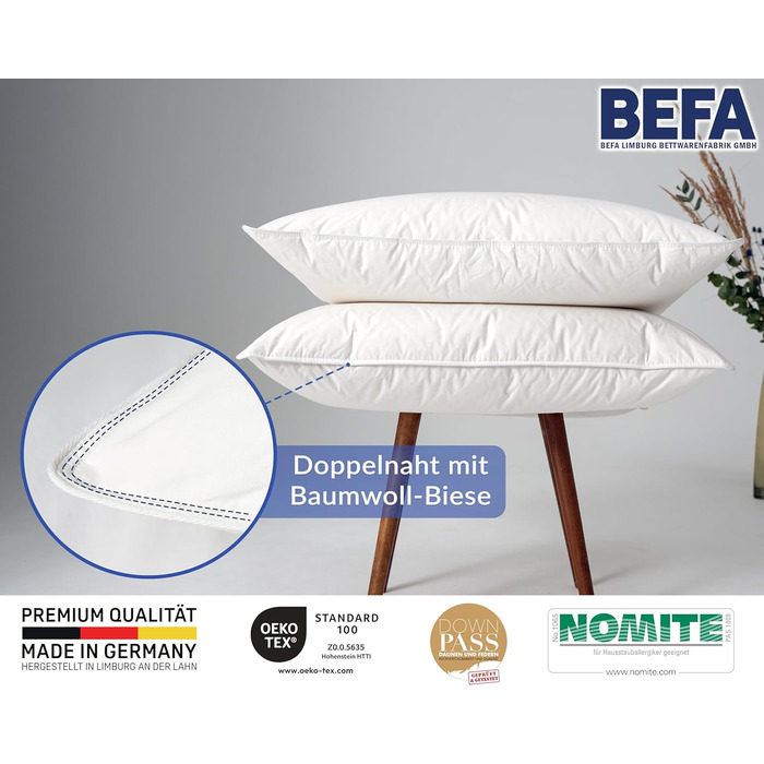 Подушка BEFA NATUR 80x80 см, 3-камерна, 90% пух, 10% перо, для алергіків, сертифікована Öko-Tex, Made in Germany