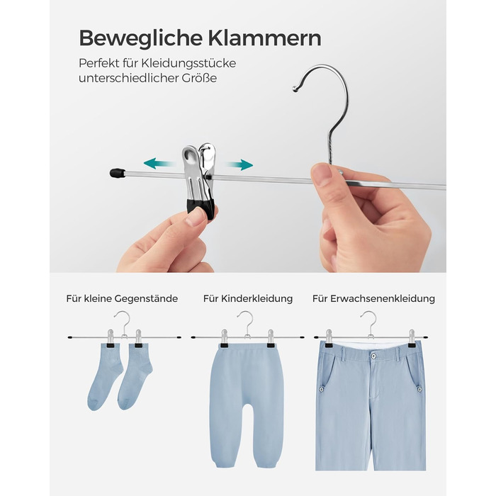 Набір вішалок для штанів SONGMICS (20 шт.), 40 см, чорно-срібні, з регульованими кліпсами