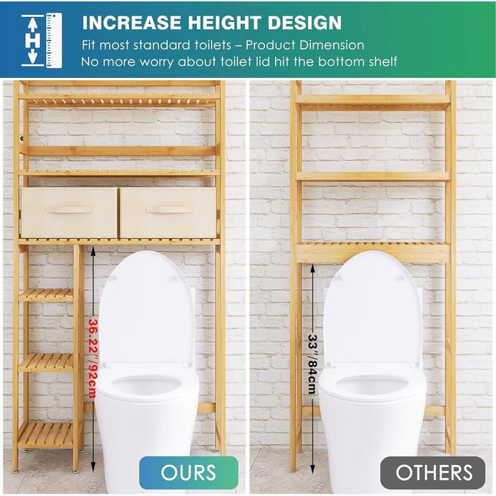 SMIBUY Over The Toilet Storage, 6-Tier Bamboo Bathroom Shelf with Drawers, Freestanding Over the Toilet Organizer Rack, Ample Storage, Space Saver for Small Spaces (Natural)