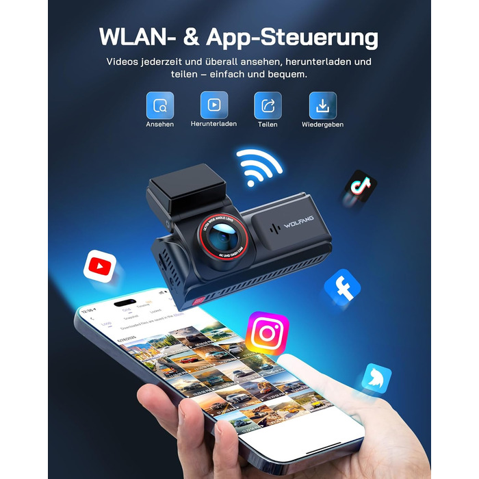 Автомобільний відеореєстратор WOLFANG 4K з WiFi, передня та задня камери, 3