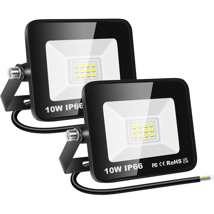 RIGIDON 2x 75W LED Floodlights Outdoor, 7500LM Outdoor Spotlight, 6000K Cool White IP66 Waterproof LED Floodlight, Outdoor Lamp for Garden, Courtyards, Garage, Hotel, Sports Field, Workshop (2 x 10W)