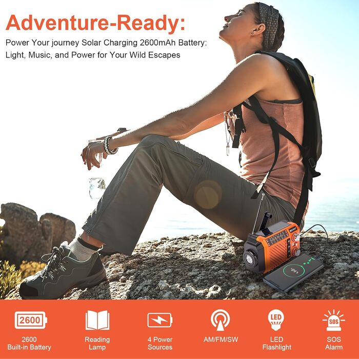 Радіо-приймач Kurbelradio з сонячною панеллю, Powerbank 2600mAh, AM/FM/SW, LED-ліхтарик та SOS-сигналом для екстрених ситуацій (Оранжевий)