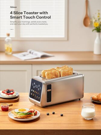 Тостер з нержавіючої сталі з сенсорним екраном та функцією пам'яті, 4-х слайсова модель з 6 рівнями підсмажування та 5 режимами для хліба, функціями розморожування та підігріву, технологією Single Slot