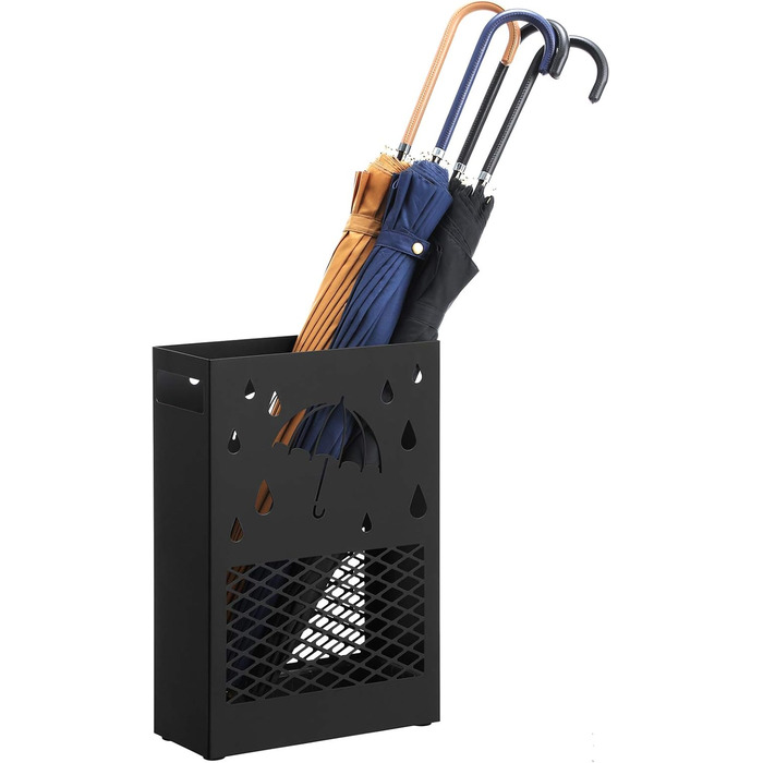 SONGMICS Metal Umbrella Stand with Water Tray, 4 Hooks, Cutout Design - Black for Entryway & Office