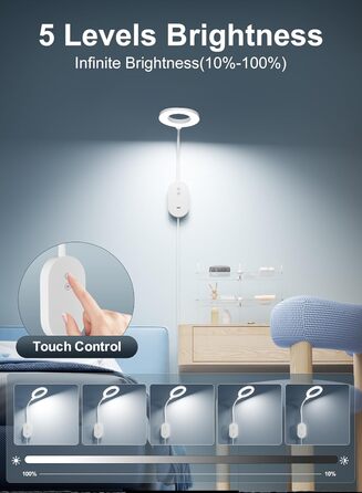 Світлодіодна настінна лампа для читання з USB, 10 Вт, 4 режими кольору, димування, функція пам'яті, таймер автовимкнення, біла