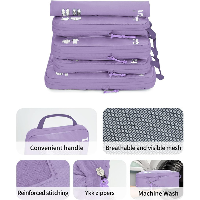Набір органайзерів для валізи ECOHUB (5 шт.) - компресійні куби для подорожей, рюкзаки, валіза, органайзер для одягу (темно-зелений, світло-фіолетовий)