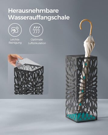 Стійка для парасоль та трекінгових палиць SONGMICS, чорна, металева, з піддоном для води, 4 гачки, 41 см