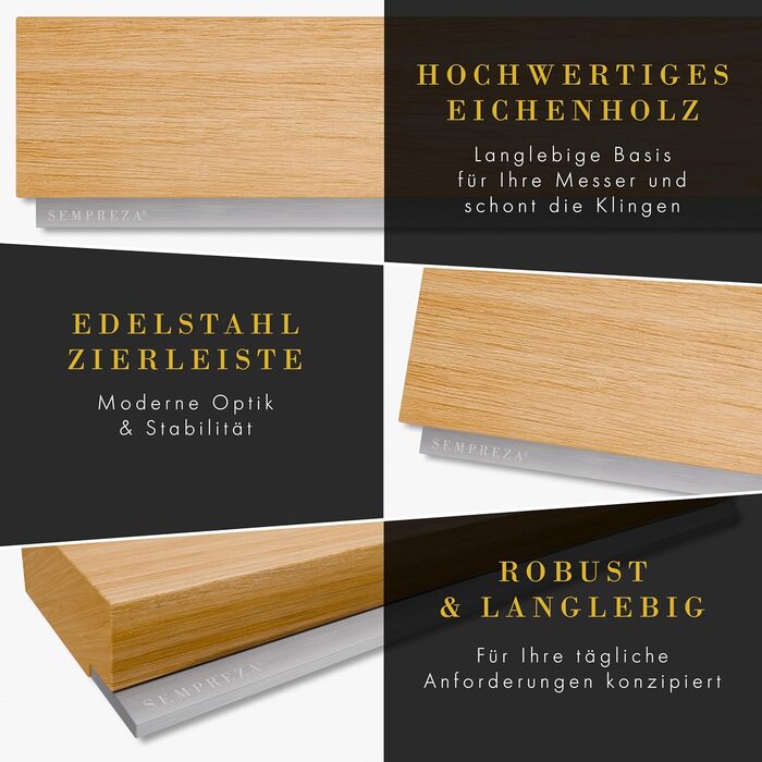 SEMPREZA® Magnetic Knife Strip | 40cm | Oak Wood & Stainless Steel | for Gluing or Screwing | Magnetic Knife Holder | Magnetic Knife Rail | Self-adhesive Magnetic Knife Holder