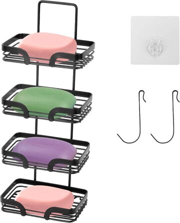 Tefola Soap Holder, 4-Tier Wall Mounted Soap Sponge Holder, Soap Dish for Shower with Two Single Hooks, Adhesive, Drill-Free Soap Holder, Stainless Steel Soap Holder (Black)
