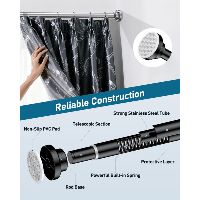 Штанга для душу Uniclife без свердління, 82–204 см, регульована, нержавіюча сталь, для ванної, вікна, шафи (чорна)