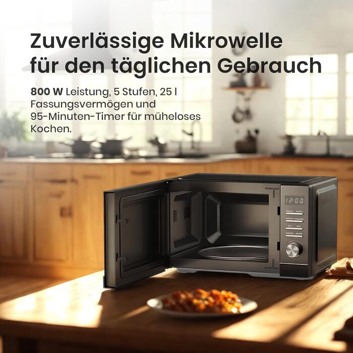 Мікрохвильова піч HMW-MD25DMRBK Mirror Black, 25 л, 800 Вт, 5 рівнів потужності, таймер, функція розморожування, чорний колір, поворотний піднос 28,5 см, 3 роки гарантії