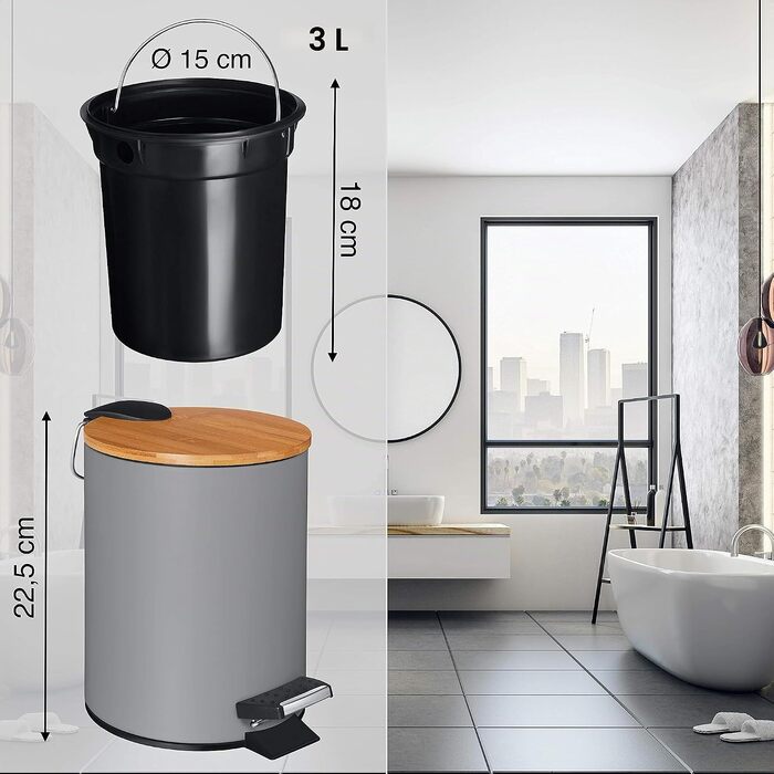 Смітник для косметики VMbathrooms з педаллю та бамбуковою кришкою, Soft-Close, 3 л, матово-сірий