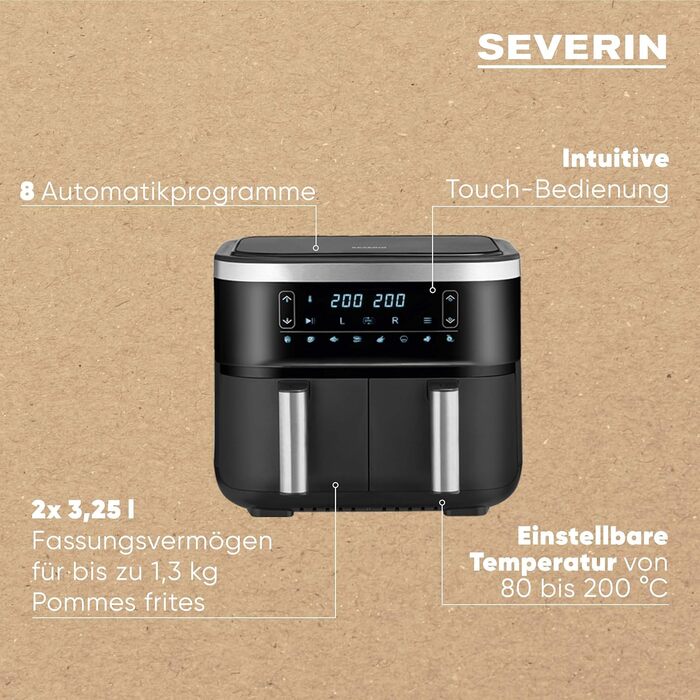 Сендвічна аерофритюрниця SEVERIN FR 2453, 2 x 3,8 л, 2850 Вт, 8 програм, подвійна безжирова фритюрниця з функцією сушіння, чорна/срібляста, XXL, для здорового приготування їжі