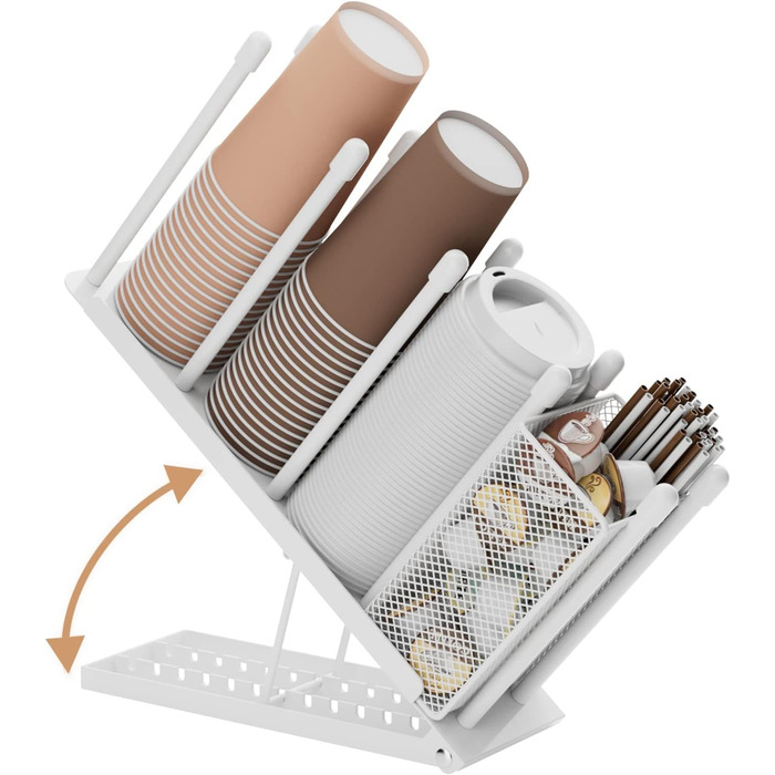 Ovicar Cup and Lid Holder – Adjustable Coffee Cup Holder, Organizer, 4 Compartments, Disposable Cup Dispenser with Coffee Capsule, Straw, Storage Basket for Coffee Station, Bar, Countertop, (White)