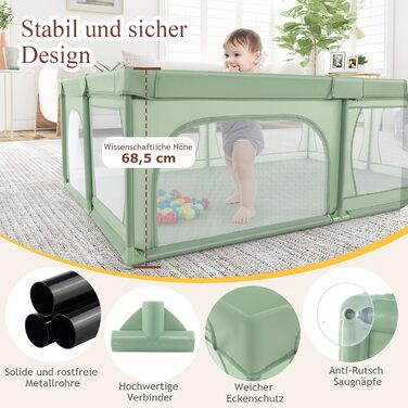 DREAMADE 200 x 140 cm Baby Playpen, Playard with 50 Balls & Carry Bag, Crawling Barrier for Indoor & Outdoor Use (Green, without mattress) Green without mattress