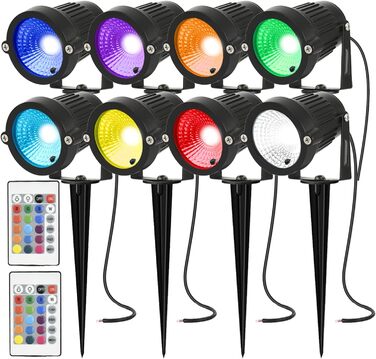 Садовий LED світильник з колом, 5W, IP66, теплий білий 3000K, водонепроникний прожектор для вулиці, газону, дерев, з вилкою, багатобарвний, 8 шт.
