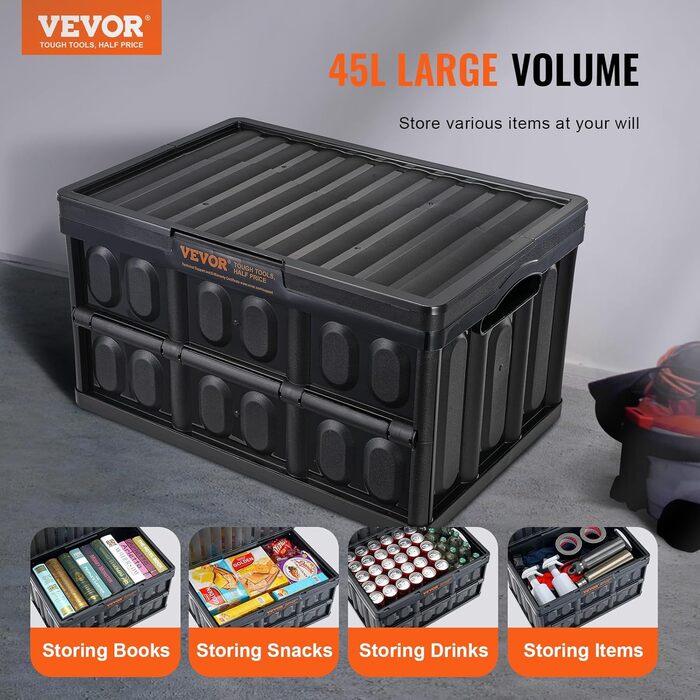 VEVOR 3-Pack 45L Professional Folding Box made of PP, Transport Box with Lid, Foldable Storage Box with Handle, Stackable Crates, Storage Box, Folding Boxes, Stackable Boxes for Storage & Transport