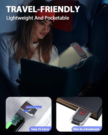 Ліхтарик для читання SFV з кліпсою, USB акумуляторний, 3 кольори світла (білий/бурштиновий/змішаний), 5 рівнів яскравості, для книг та дітей, чорний