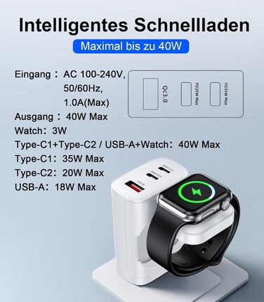 Зарядний пристрій 4-в-1 для Apple Watch та iPhone: 40W USB-C, швидка зарядка PD, сумісний з Apple Watch 10/9/8/7/6/Ultra/SE, iPhone 17/16/15 Pro Max, iPad, AirPods (Білий)