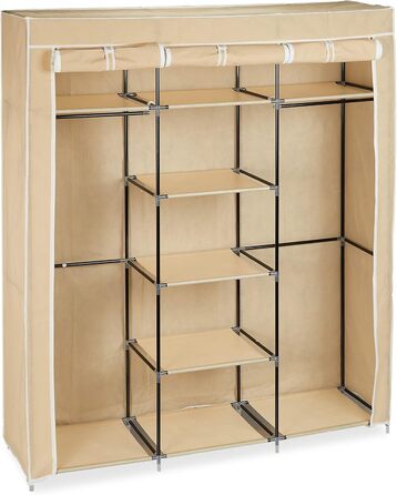Relaxdays Fabric Clothes Closet, 9 Compartments, 2 Clothes Rails, HBT: 173 x 148 x 43 cm, Camping, Cellar, Folding Closet, Fabric, 10019122-139 (Beige)