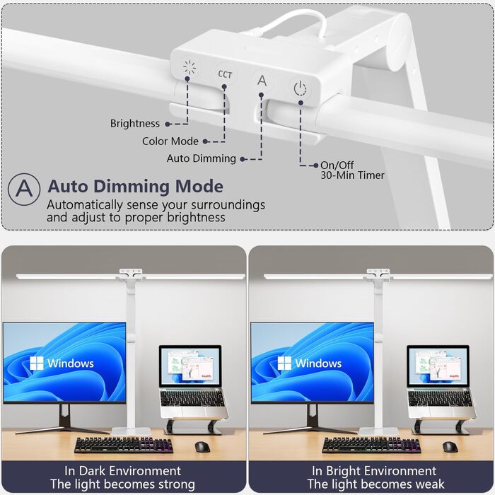 LED настільна лампа KableRika з двома головками: 24W, регулювання яскравості, захист очей, для офісу та дому, сучасне освітлення монітора, білий колір
