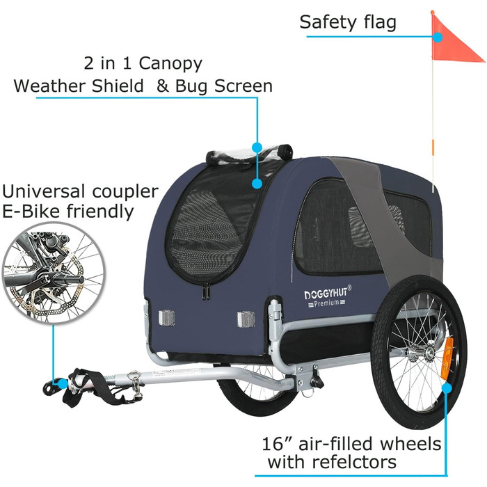 DOGGYHUT® Преміум велопричіп для собак середнього розміру, до 23 кг, синій, складання