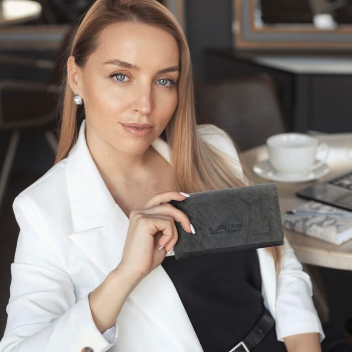 ekavale Wallet for Women, Long Wallet made of Cowhide Leather, Large Wallet for Women with Many Compartments, Zippered Card Holder for Women (Blue-Gray)