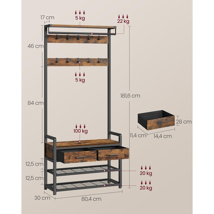 VASAGLE Coat Rack with Shoe Bench, Coat Rack, Shoe Storage, 2 Fabric Drawers, 10 Hooks, 6 Side Hooks, 30 x 80.4 x 181.6 cm, Vintage Brown-Ink Black HSR429B01