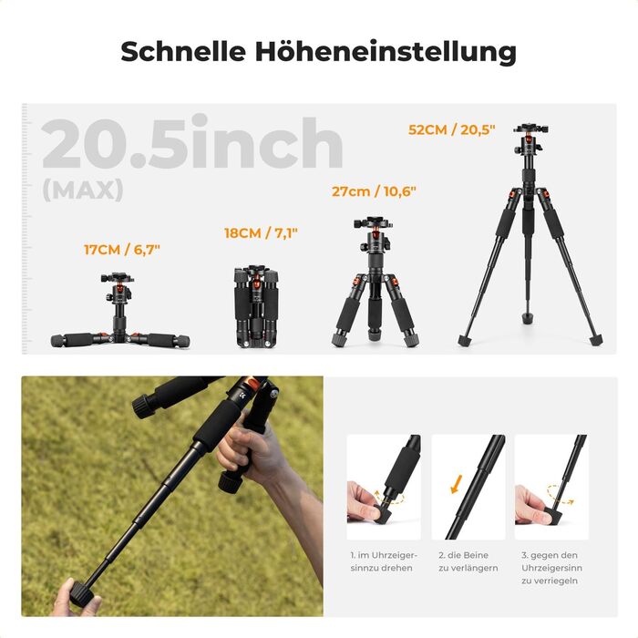 Міні штатив K&F Concept S225A1+BH-25: компактний штатив для камери з кульковою головкою 360°, 52 см, з тримачем для телефону, для Canon/Sony/Nikon/Fujifilm, до 6 кг