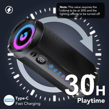 Портативна Bluetooth колонка COIOC з підсвіткою, 30W, IPX7, 30 годин, AUX, TF карта - Чорна