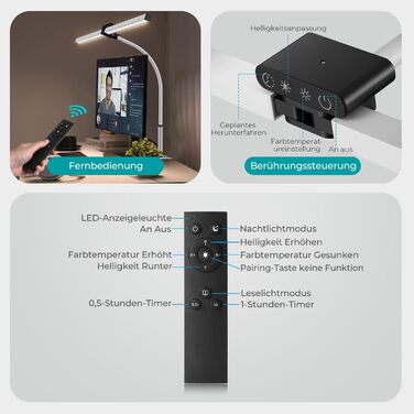 LED лампа для столу Doppelkopf з регулюванням яскравості 24W, 80см, для офісу та дому, з захистом очей, денне світло, з пультом керування, 5 кольорів, 5 рівнів яскравості