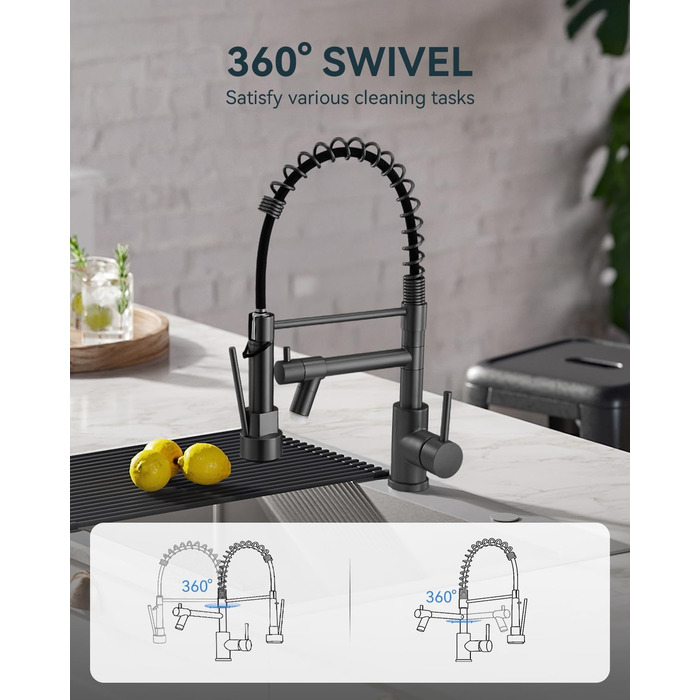 LED кухонний змішувач Warmiehomy з поворотним виливом 360°, 2 виходи, високий вигин, спіральна пружина, чорний