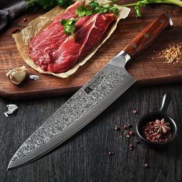 XINZUO 21cm Damascus Chef's Knife - 67 Layer Multipurpose Kitchen Knife for Meat, Fish & Vegetables - Gyuto Professional Hand-Forged Knife with Ergonomic Rosewood Handle