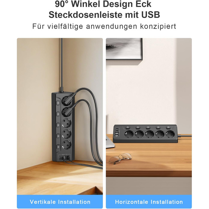 Розподільник розеток з незалежним вимикачем, мережевий фільтр з 4 USB (2 USB-C) + 5 розеток з дитячим захистом, 3680W, 2м подовжувач для кухні, офісу, дому (чорний) 5 розеток Чорний - Розподільник розеток