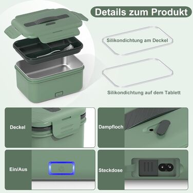 Vabaso 100W Electric Lunch Box for Adults, Thermal with Cutlery and Insulated Lunch Bag, 12/24/110V~230V, Leak-Proof, 1.8L Large Container, Food Container with Compartments for Car, Truck, Home