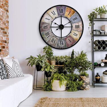 Large Vintage Wall Clock Retro XXL Antique Metal Clock Stainless Steel Large Shabby Chic Roman Numerals Large for Living Room Wall Ø 80cm (Metal Multicolor)