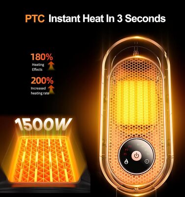 Електричний обігрівач, портативний обігрівач для кімнати, енергозберігаючий 1500W, керамічний з термостатом, таймером та 3 режимами, захист від перегріву та перекидання для офісу та спальні